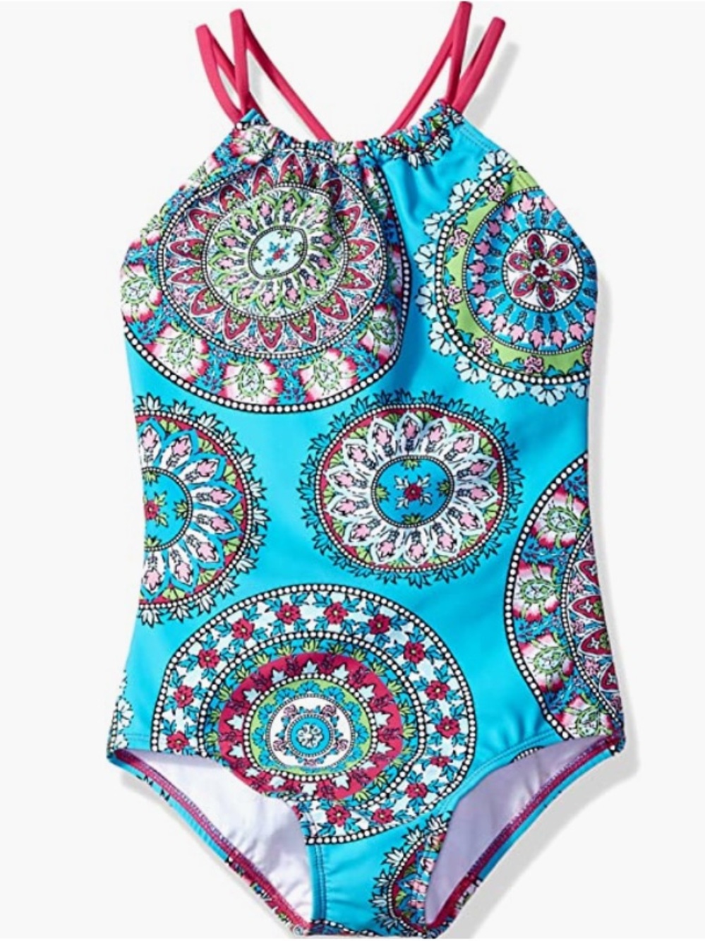 Kanu Surf Turquoise Medallion One-Piece Swimsuit with Pink Straps